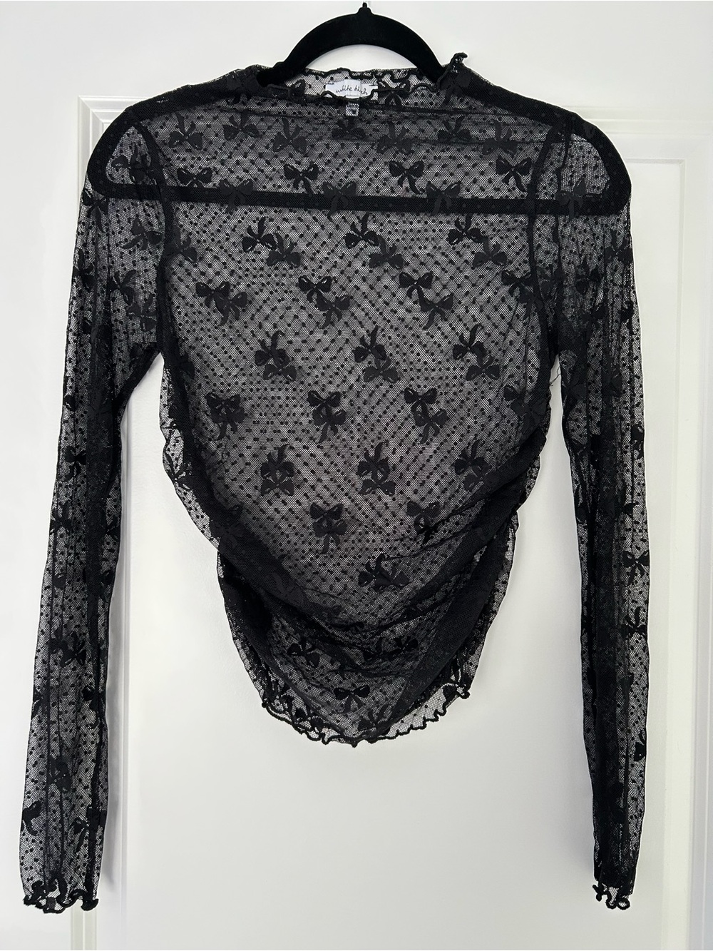 white birch Black Bow Sheer Mesh Long Sleeve Top